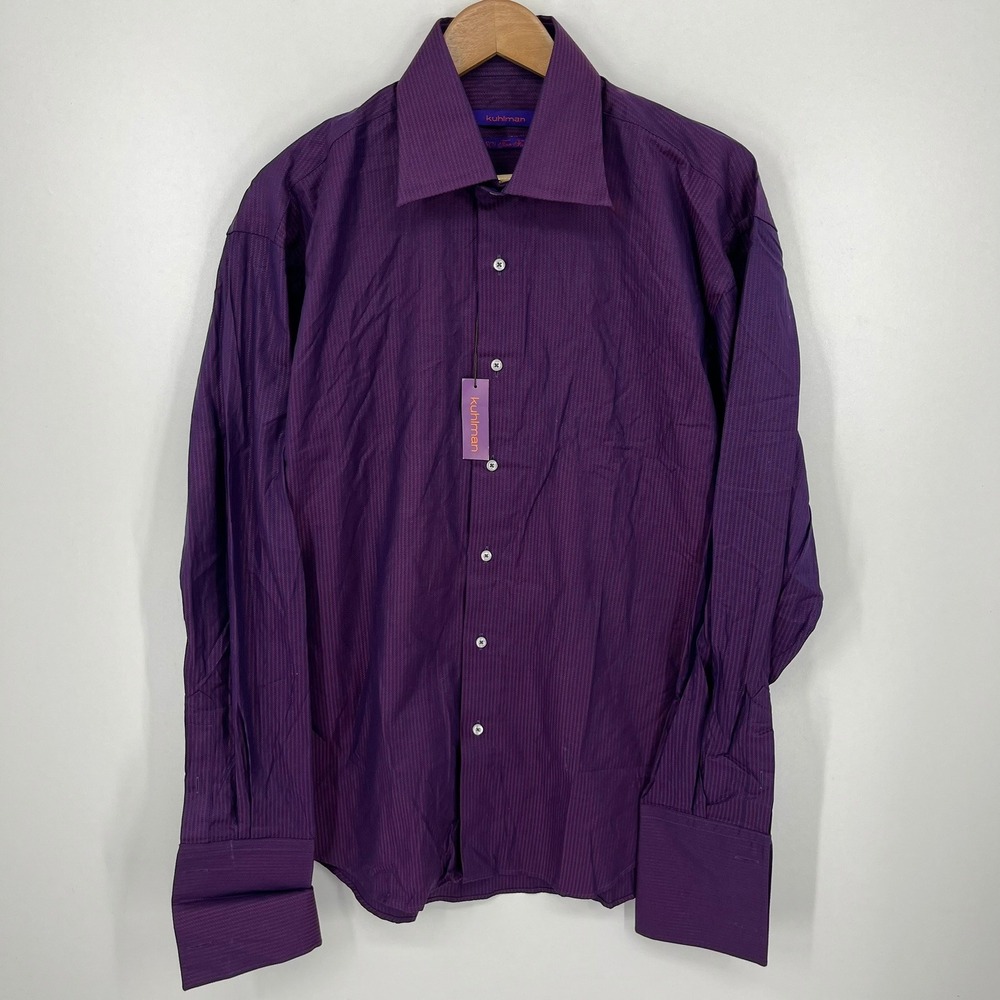 Kuhlman Mens Violet Herringbone 80s Two Fold Cotton Dress Shirt Size 43 NEW